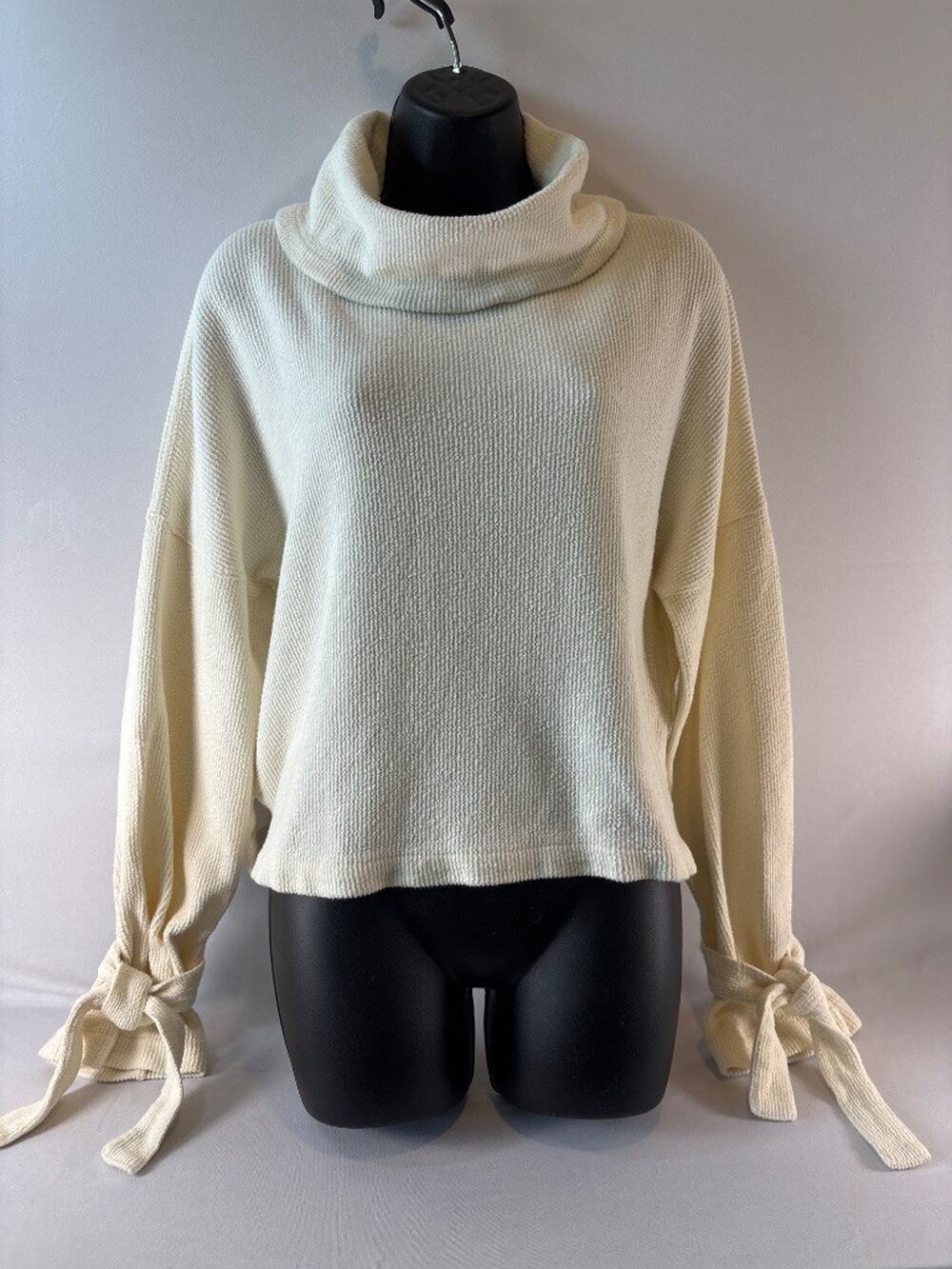 Madewell Cowl Neck Tie-Cuff Cream Knit Sweater Size L Cozy Minimalist